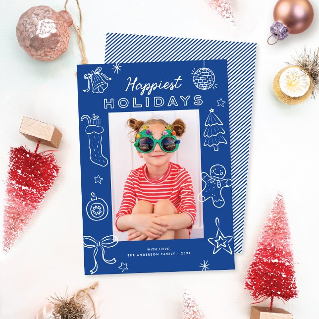 Cute Fun Doodles Blue Christmas Photo Holiday Card (Creator Uploaded)