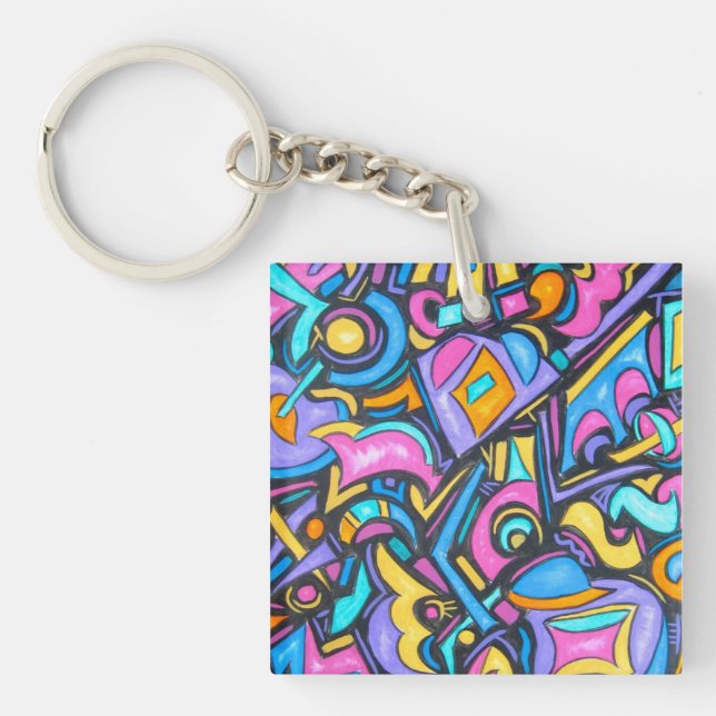 Cute Fun Funky Colourful Bold Whimsical Shapes Keychain (Front)