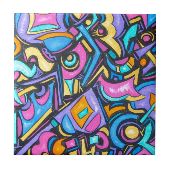 Cute Fun Funky Colourful Bold Whimsical Shapes Tile (Front)