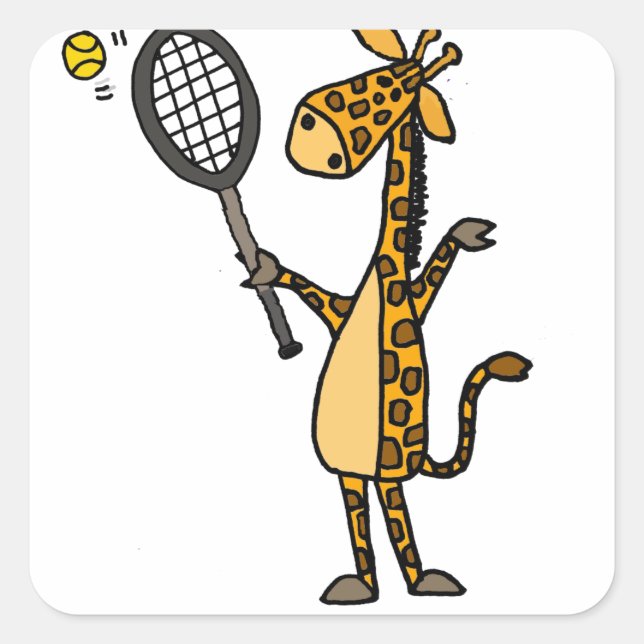Cute Fun Giraffe Playing Tennis Cartoon Square Sticker (Front)