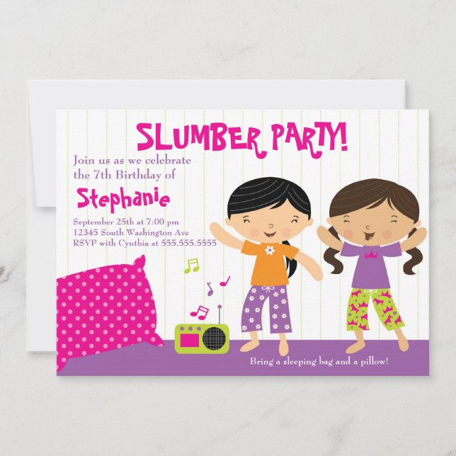 Cute fun girl's birthday slumber party invitation (Front)