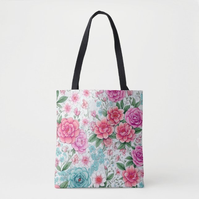 Cute Fun Girly Floral Tote Bag (Front)