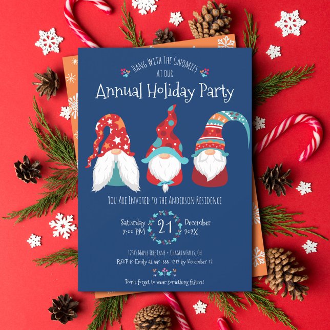 Cute Fun Gnome Modern Christmas Holiday Party Blue Invitation (Creator Uploaded)