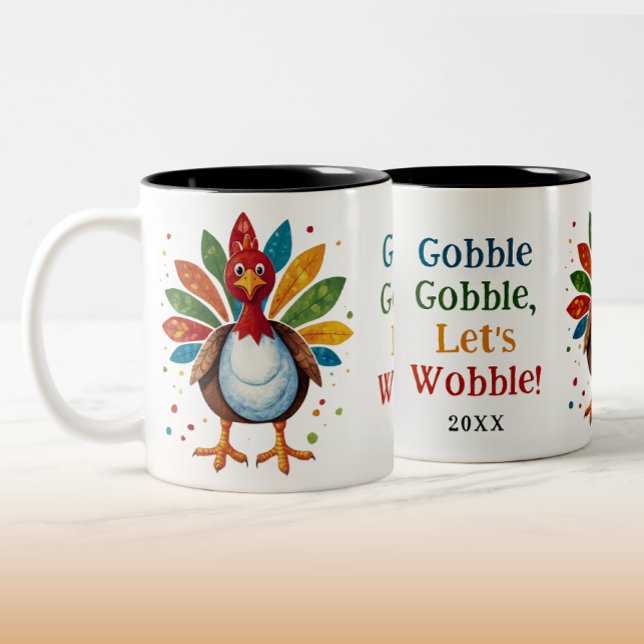 Cute Fun Gobble Rainbow Turkey Thanksgiving Two-Tone Coffee Mug (Creator Uploaded)