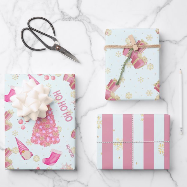 Cute Fun Gold Foil Pink Frost White Christmas  Wrapping Paper Sheet (Front)