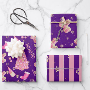 Cute Fun Gold Indigo Pink Christmas Pattern Wrapping Paper Sheet
