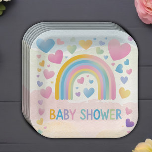 Cute Fun Hearts and Rainbow Baby Shower Paper Plate