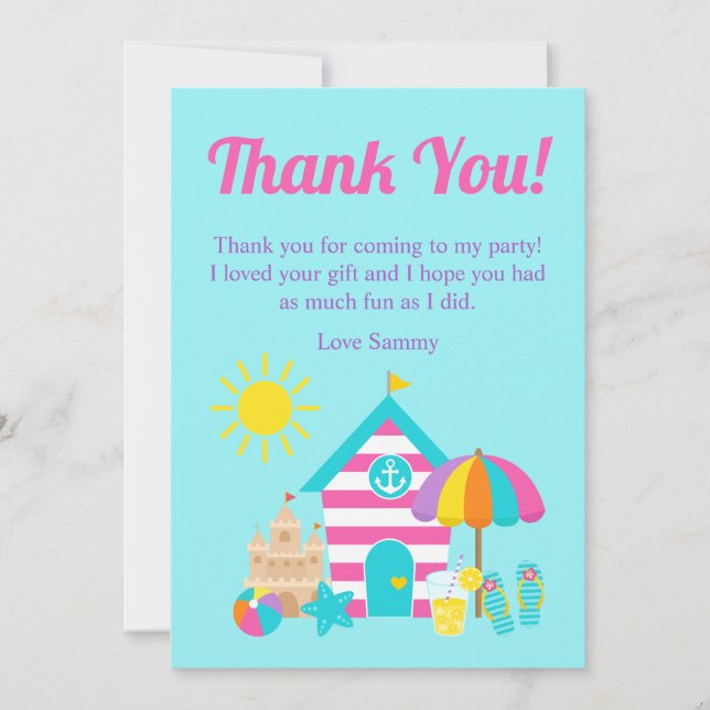 Cute Fun Kids Beach Summer Birthday Party Thank You Card (Front)