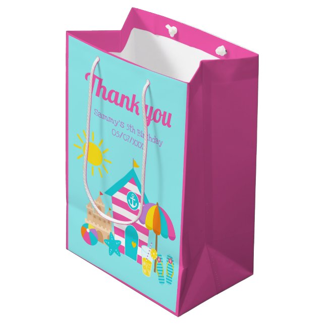 Cute Fun Kids Beach Summer Birthday Thank You Medium Gift Bag (Front Angled)