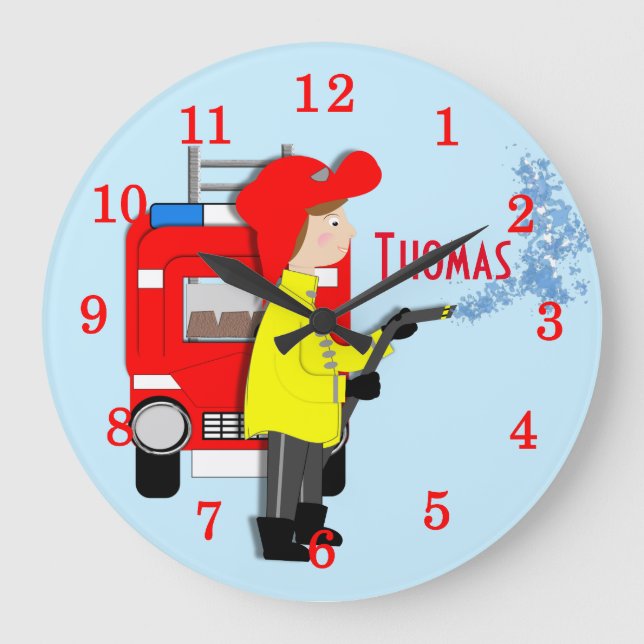 Cute Fun Kids Cartoon Fire-Fighter Truck Themed Large Clock (Front)