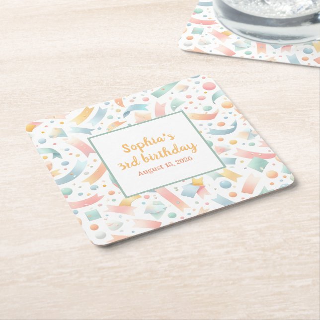 Cute Fun Kids Confetti Colourful Pastel Birthday Square Paper Coaster (Angled)