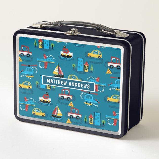 Cute Fun Kids Transport Pattern Personalized Name Metal Lunch Box (Front)