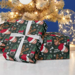 Cute fun merry Christmas illustration 3 photos Wrapping Paper<br><div class="desc">Cute fun merry Christmas illustration 3 photos add your photos with deer antlers,  santa claus hat and little elf hat illustration,  with snowflakes,  pine branches with your photos,  add your names and season's greetings! On editable dark green</div>
