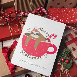 Cute Fun Merry Slothmas Sloth in Mug Christmas Holiday Card