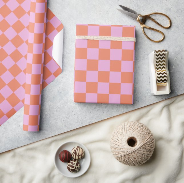 Cute Fun Modern Chequerboard Coral Pink Geometric Wrapping Paper (Crafts)