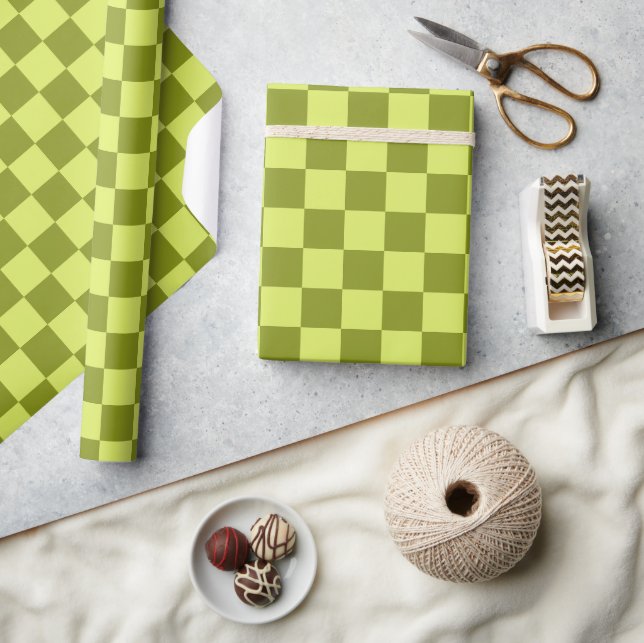 Cute Fun Modern Chequerboard Lime Olive Geometric Wrapping Paper (Crafts)