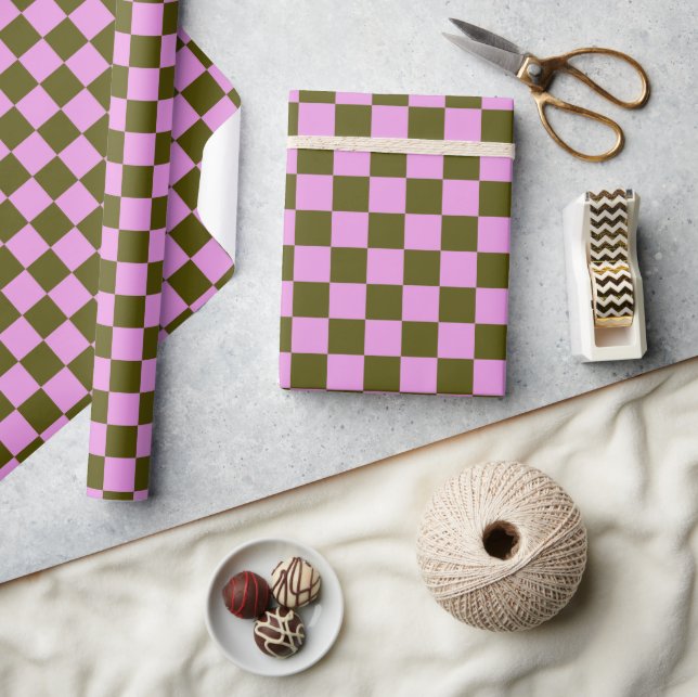 Cute Fun Modern Chequerboard Olive Lilac Geometric Wrapping Paper (Crafts)