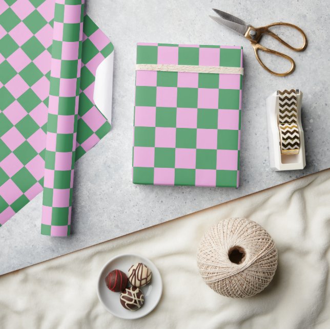 Cute Fun Modern Chequerboard Pink Green Geometric Wrapping Paper (Crafts)