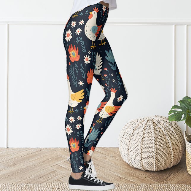 Cute Fun Navy Blue Floral Chicken Hen Leggings (Creator Uploaded)