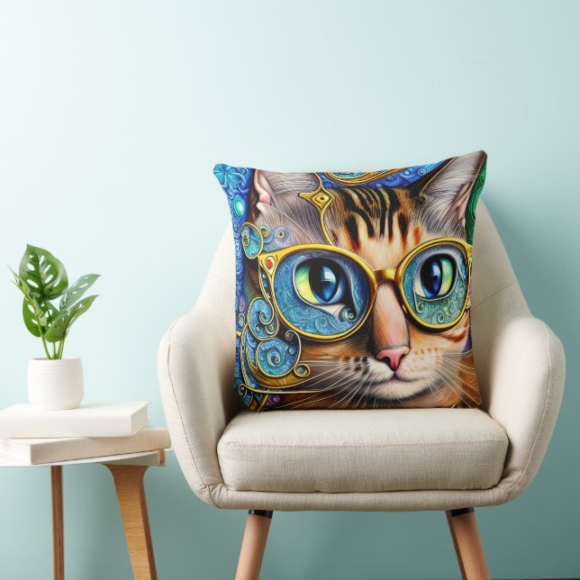 Cute Fun Nerd Cat Wearing Glasses Artwork Throw Pillow (Chair)