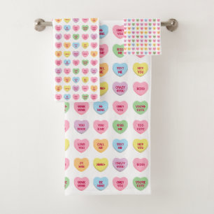 Cute fun pastel custom conversation hearts pattern bath towel set