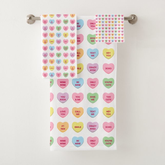 Cute fun pastel custom conversation hearts pattern bath towel set (Insitu)