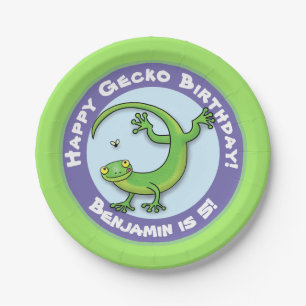 Cute fun personalised green gecko cartoon birthday paper plate