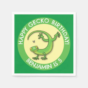 Cute fun personalized green gecko cartoon birthday napkin