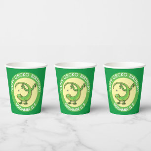 Cute fun personalized green gecko cartoon birthday paper cups