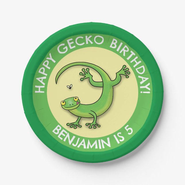 Cute fun personalized green gecko cartoon birthday paper plate (Front)