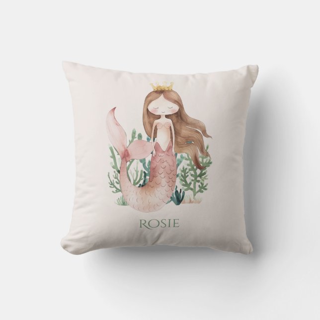 Cute fun Pink Mermaid Child's  Throw Pillow (Front)