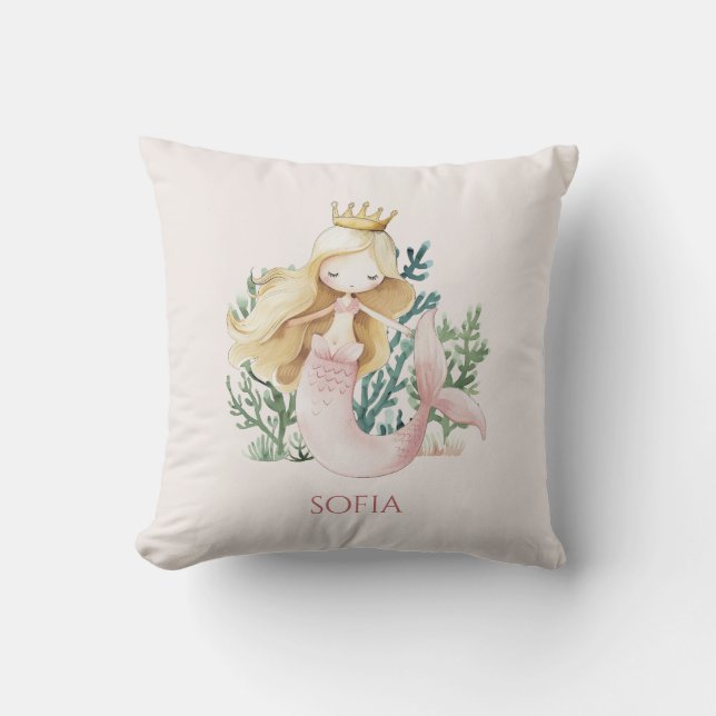 Cute fun Pink Mermaid Child's  Throw Pillow (Front)