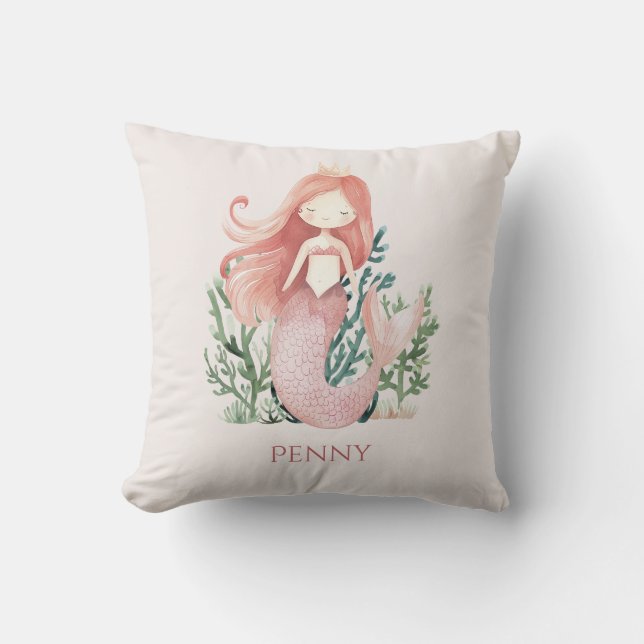 Cute fun Pink Mermaid Child's  Throw Pillow (Front)