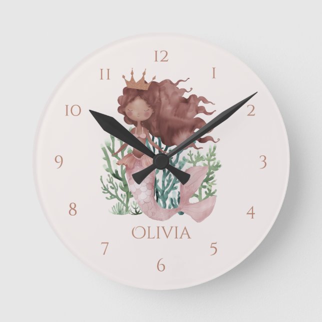 Cute fun Pink Mermaid Child's Wall Clock (Front)