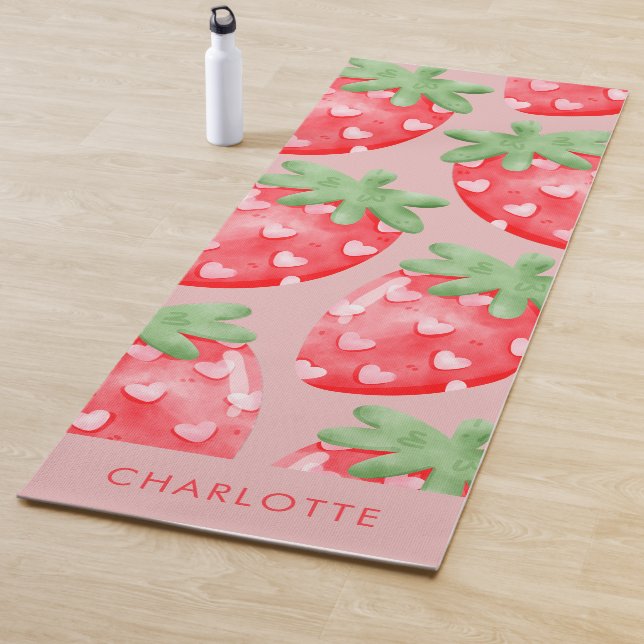 Cute Fun Pink Strawberries Custom Yoga Mat (In Situ)