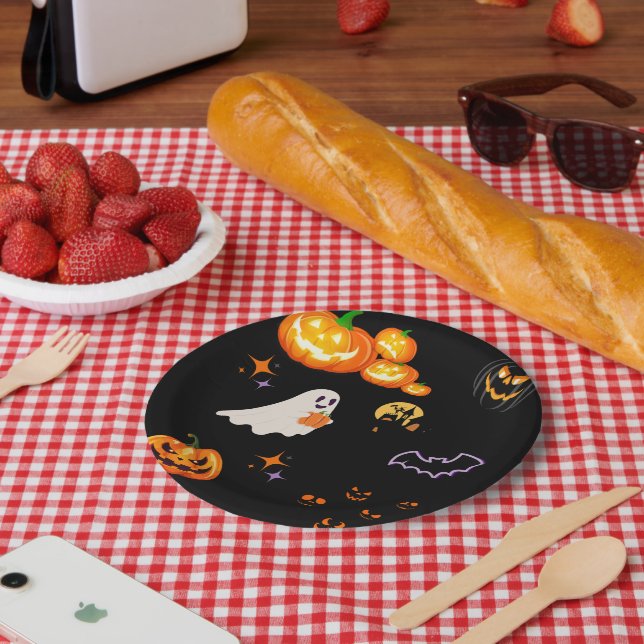 Cute Fun Pumpkin ghost bat Witch Halloween Party Paper Plate (Picnic)
