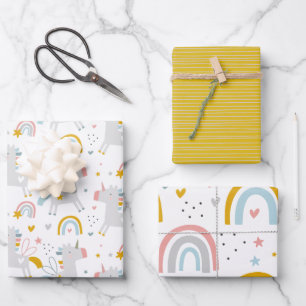 Cute Fun Rainbow Unicorn Pattern Wrapping Paper Sheet