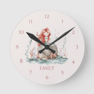 Cute fun Red Haired Mermaid Child's Wall Clock