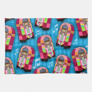 Cute Fun Retro Fifties Neon Jukebox Pattern Kitchen Towel