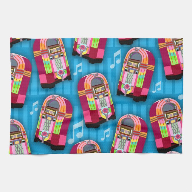 Cute Fun Retro Fifties Neon Jukebox Pattern Kitchen Towel (Horizontal)