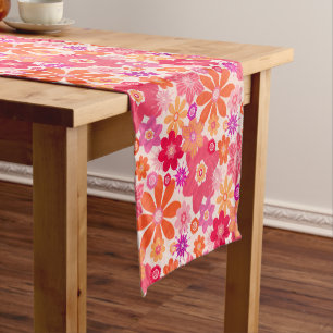 Cute Fun Retro Style Floral Pattern Pink Orange Short Table Runner