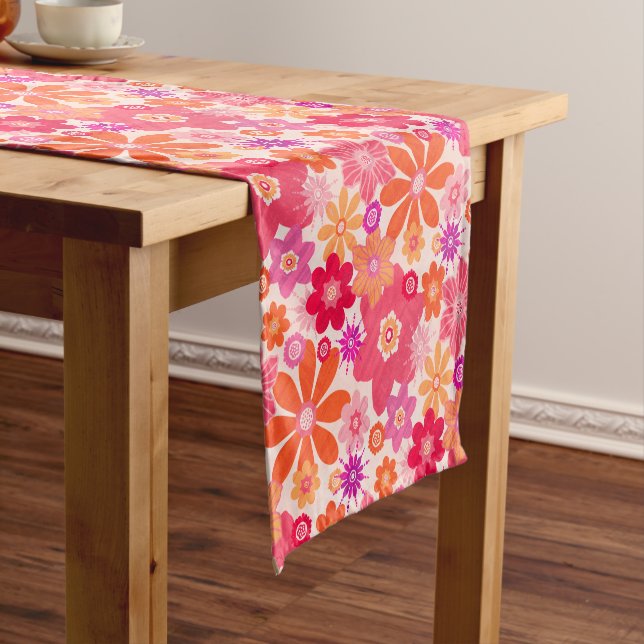Cute Fun Retro Style Floral Pattern Pink Orange Short Table Runner (In Situ)