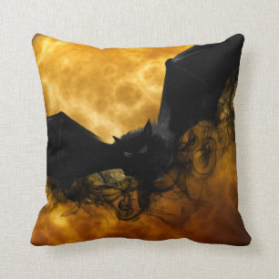 Cute Fun Scary Halloween Bat Full Moon Black Throw Pillow