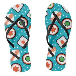 Cute fun seamless pixel sushi cartoon pattern flip flops