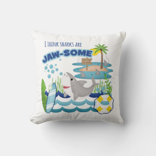 Cute Fun Teal Shark Surfer Beach Island Throw Pillow
