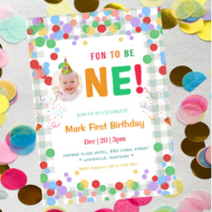 Cute Fun to Be One Photo  First Birthday Invitation