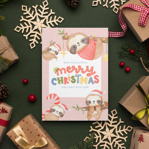 Cute Fun Trendy Merry Christmas Sloths Holiday Card