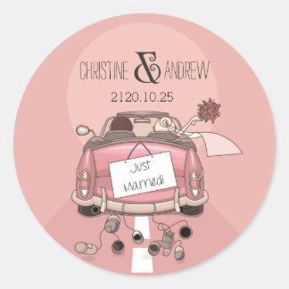 Cute Fun Typography "Just Married!" Personalized Classic Round Sticker
