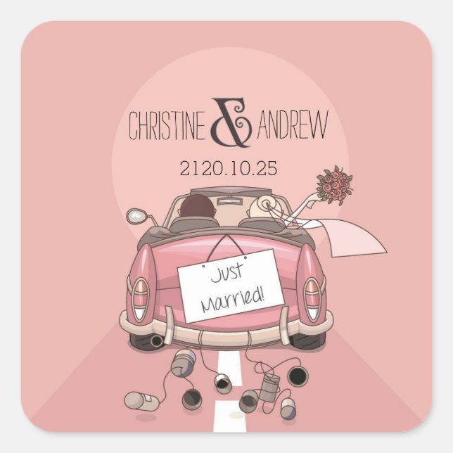 Cute Fun Typography "Just Married!" Personalized Square Sticker (Front)