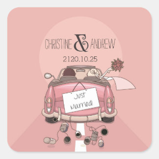 Cute Fun Typography "Just Married!" Personalized Square Sticker